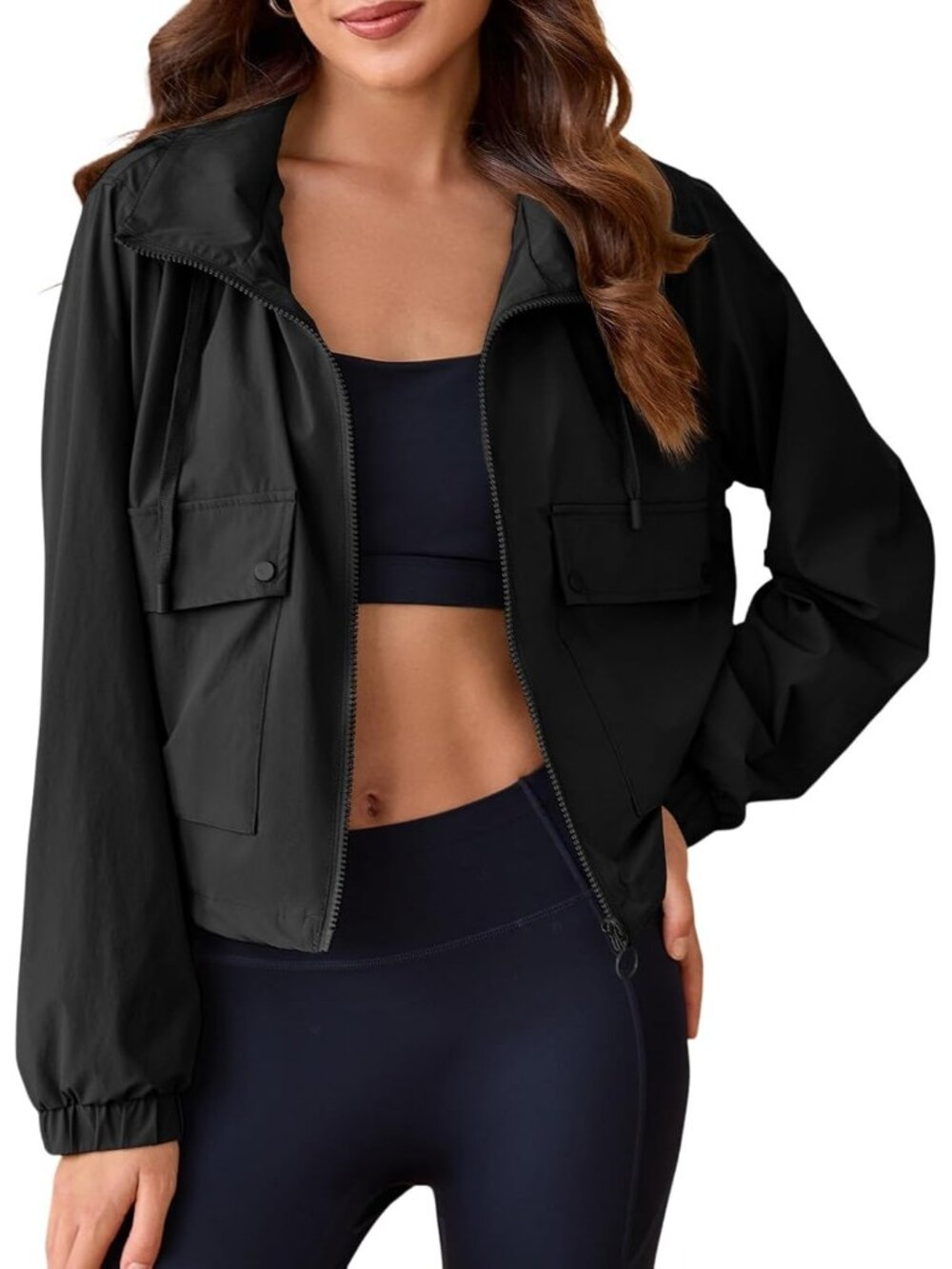 Women Black Elasticized Cuffs Long Sleeve Pocket Hooded Zipper Cropped Jackets